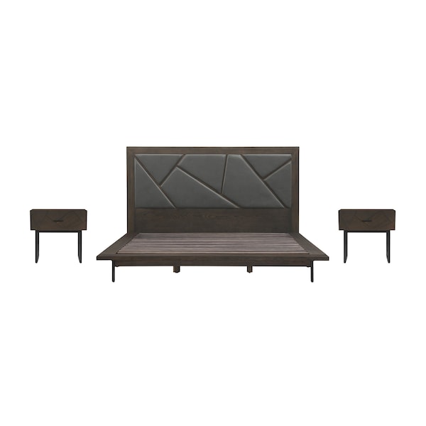 Armen Living Marquis 3 Piece King Size Platform Bed Frame Bedroom Set in Oak Wood with Faux Leather Headboard SETMUBDGRKG3A - main